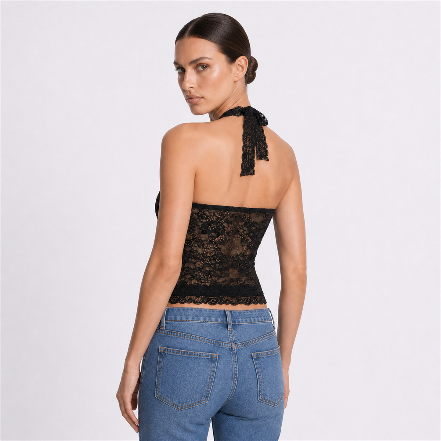 Black longline lace halter top – verified back view