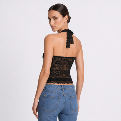 Black longline lace halter top – verified back view