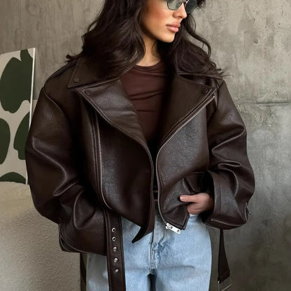 Maeve Women's Leather Jacket - brown, front
