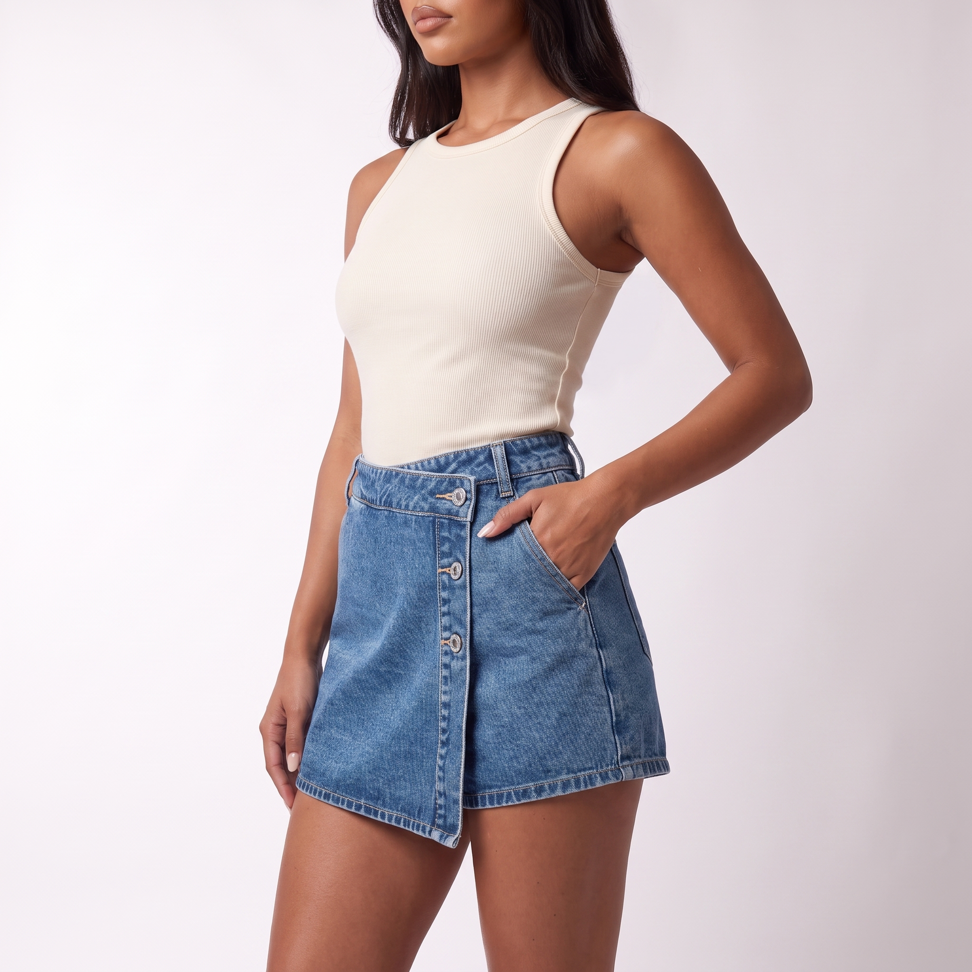 Denim Short Skirts - three-quarter, Blue