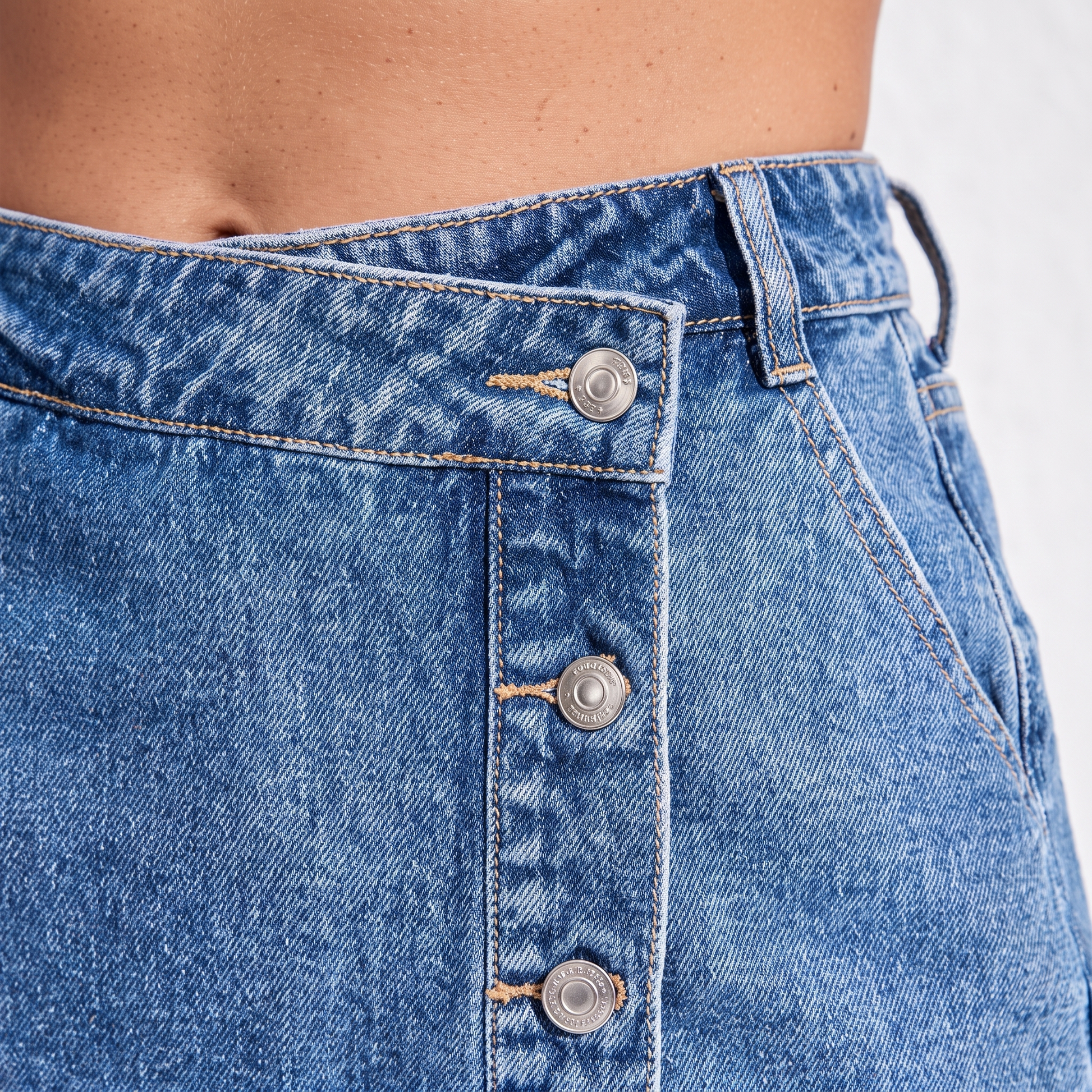 Denim Short Skirts - waistband and button detail, Blue