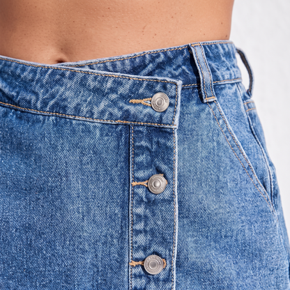 Denim Short Skirts - waistband and button detail, Blue