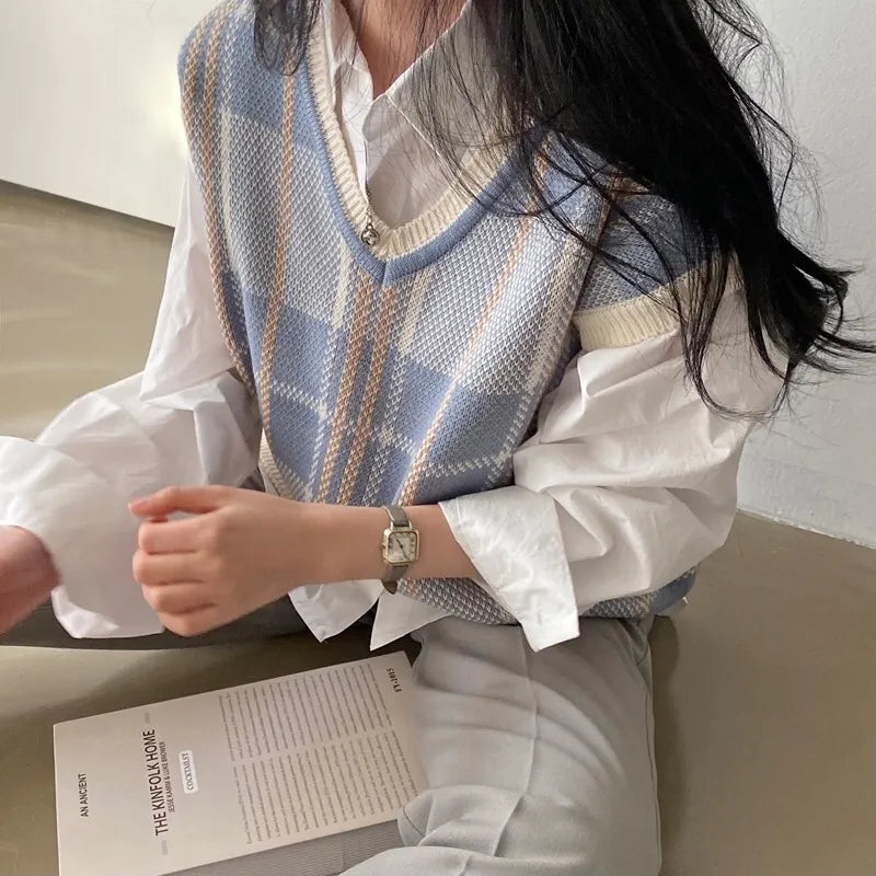 Maeve Women's Knitted Vest - blue check, front