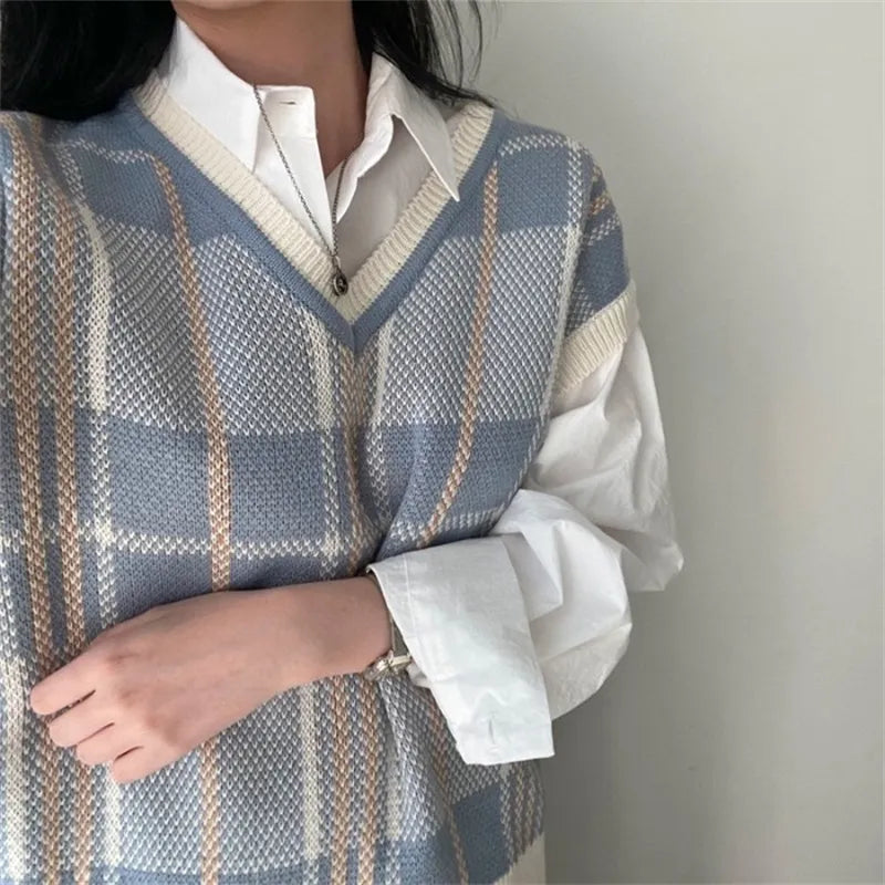 Maeve Women's Knitted Vest - blue check, front
