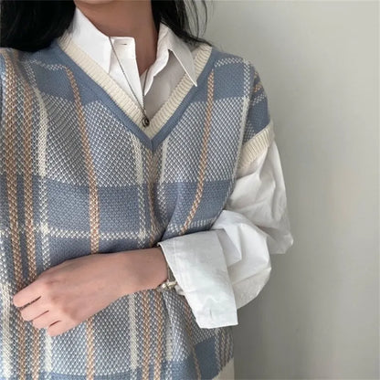 Maeve Women's Knitted Vest - blue check, front