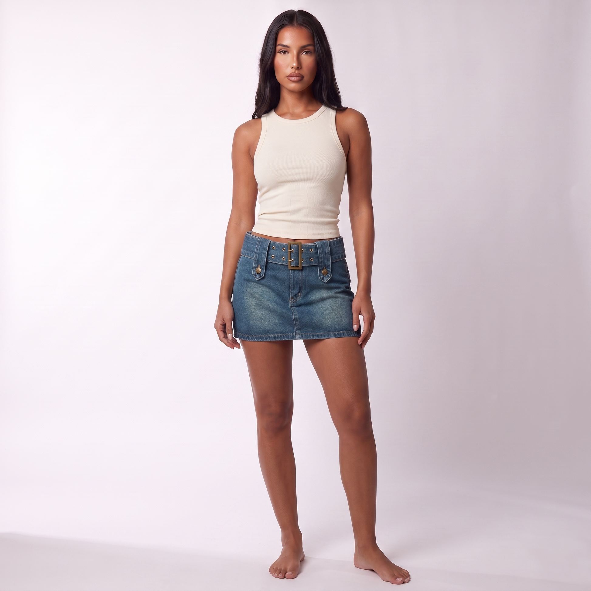 Blue denim belted mini skort — full length