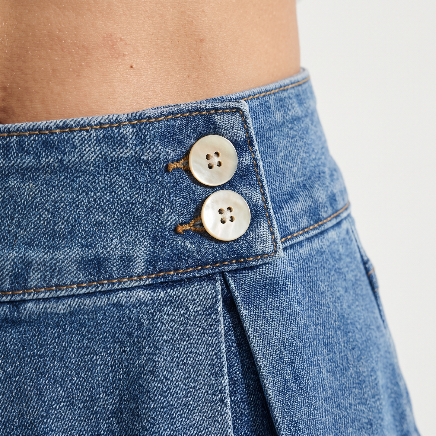 Women Denim High Waist Pleated A Line Skirt - vintage blue macro detail