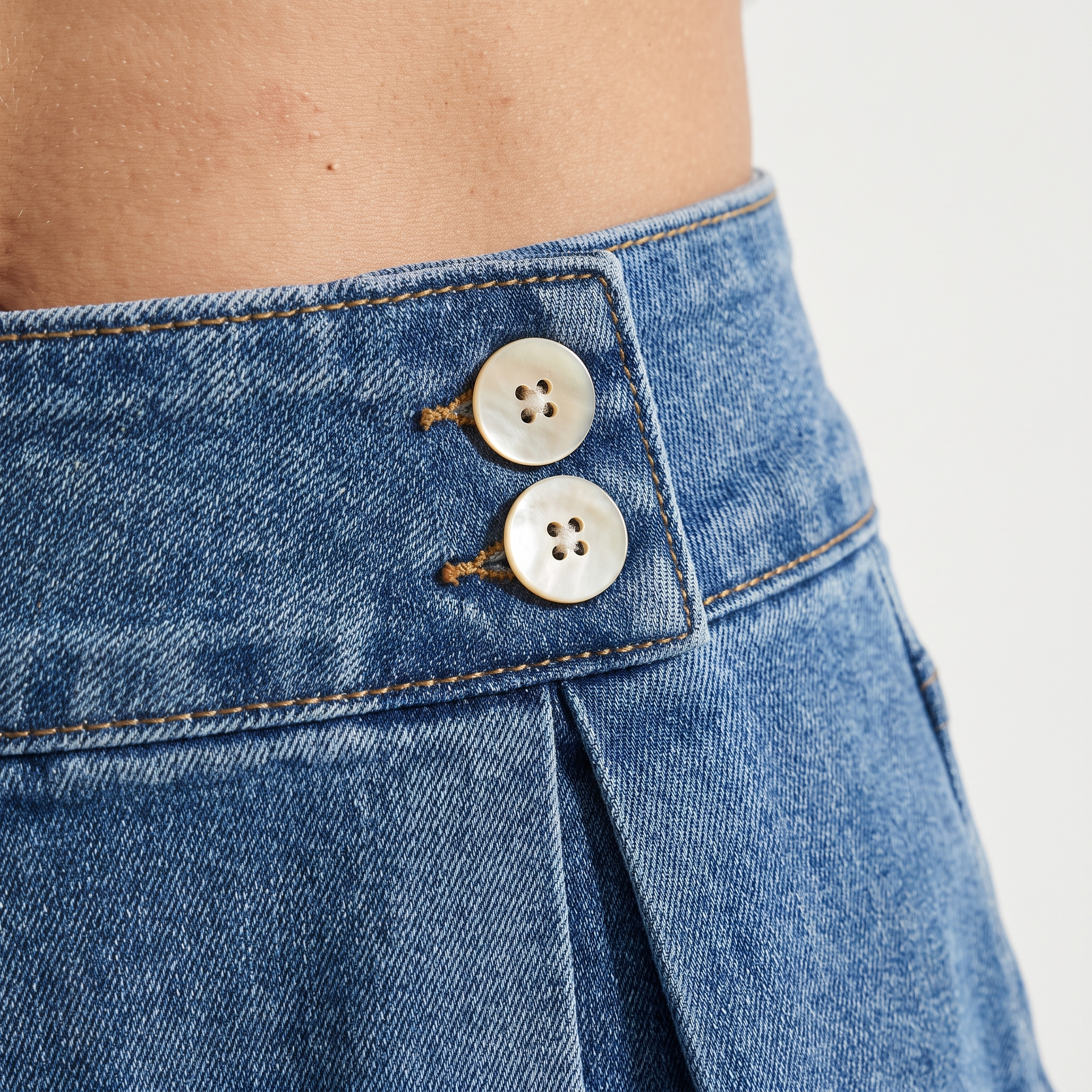 Women Denim High Waist Pleated A Line Skirt - vintage blue macro detail