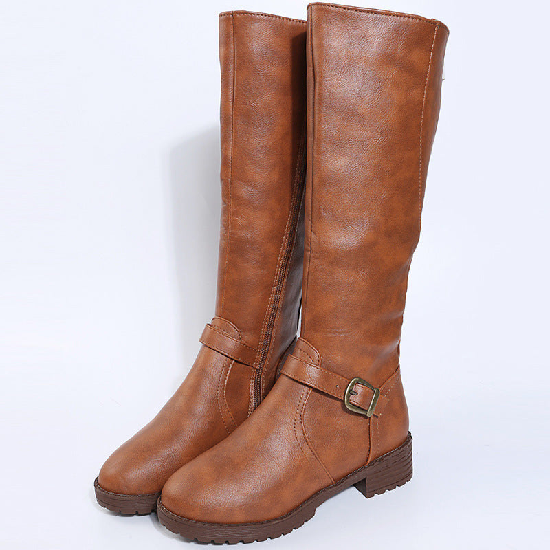 Maeve Women's Knee-High Riding Boots - Buckled Round-Toe Low-Heel