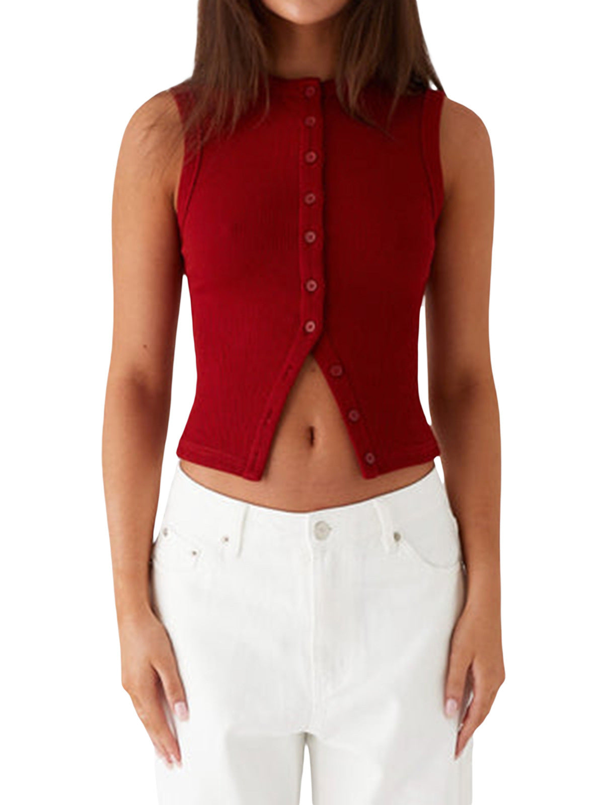 Women's Button Vest Top  Fitted, V Hem, Sleeveless, Going Out Top