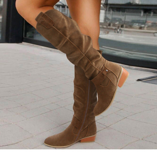 Maeve Women's Knee-High Suede Boots - Low Block-Heel, Side-Zip