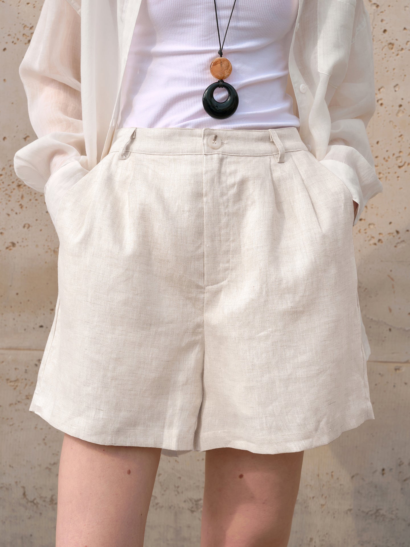 Women's Linen Shorts Pure Linen, High Waist, Wide Leg, Tailored