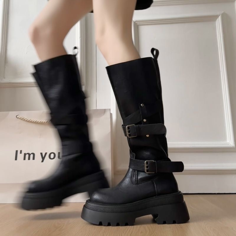 Maeve Women's Chunky Platform Boots - Buckle Strap, Mid-Calf
