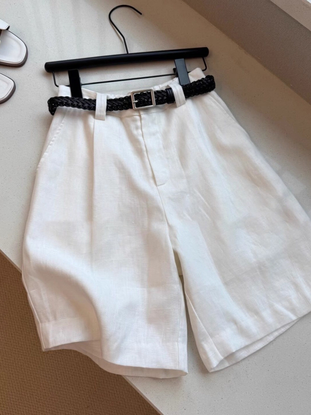 Women's Linen Shorts Wide Leg, High Waist, Belted, Tailored