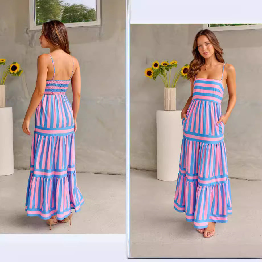Women's Maxi Dress Backless, Tiered, Striped, Summer Sundress