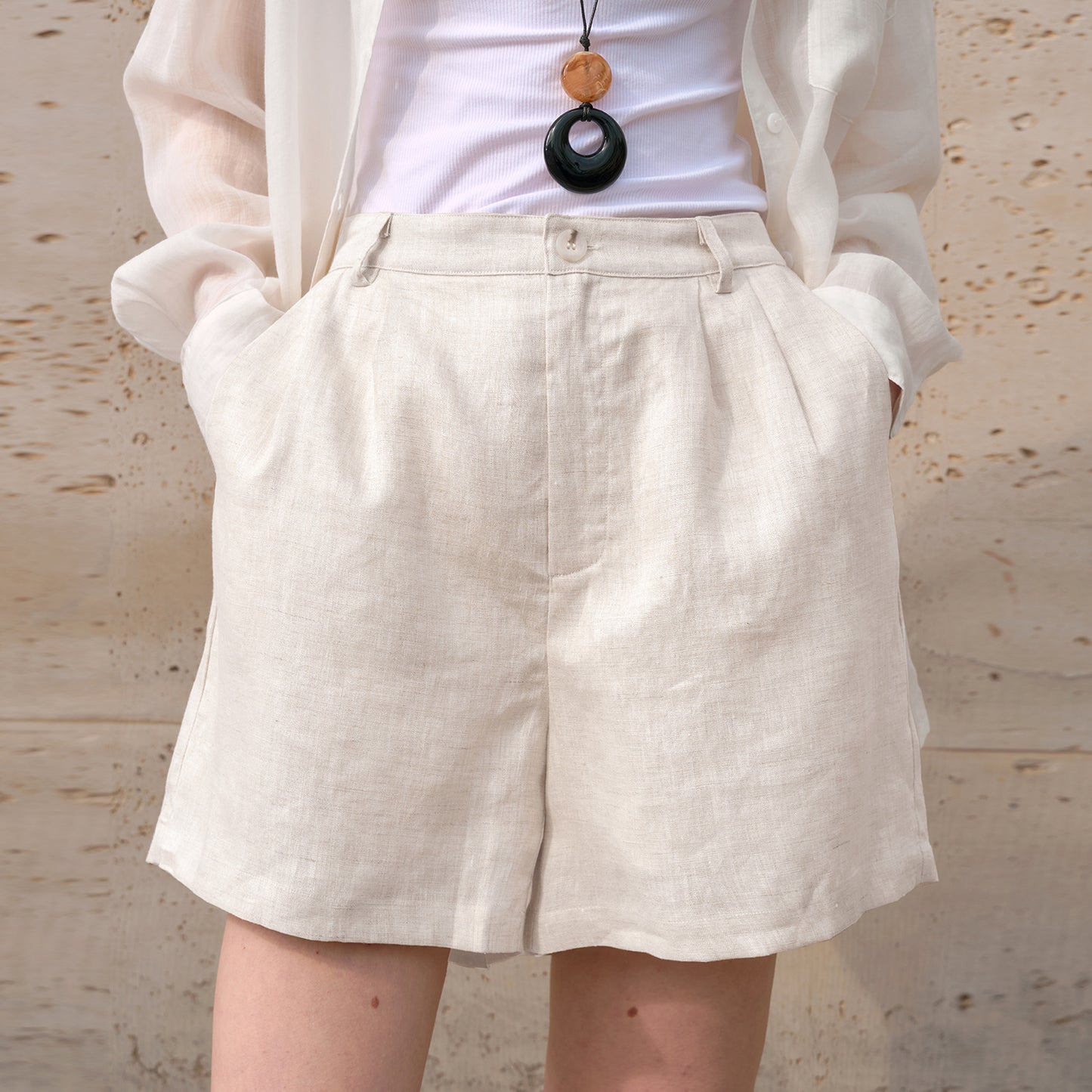 Women's Linen Shorts Pure Linen, High Waist, Wide Leg, Tailored