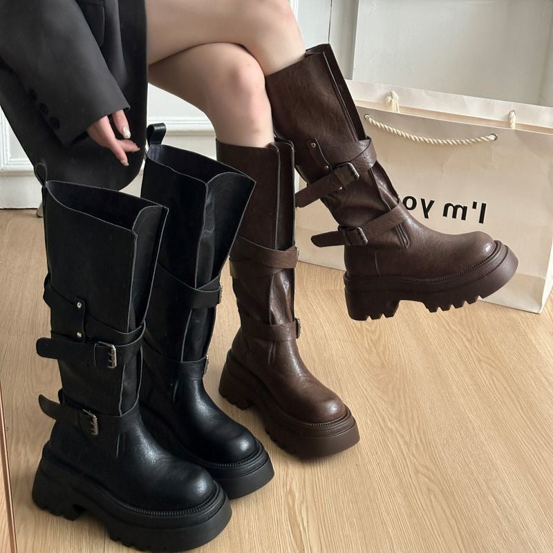 Maeve Women's Chunky Platform Boots - Buckle Strap, Mid-Calf