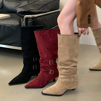 Maeve Women's Knee-High Slouch Boots - Suede-Effect Buckle, Pointed