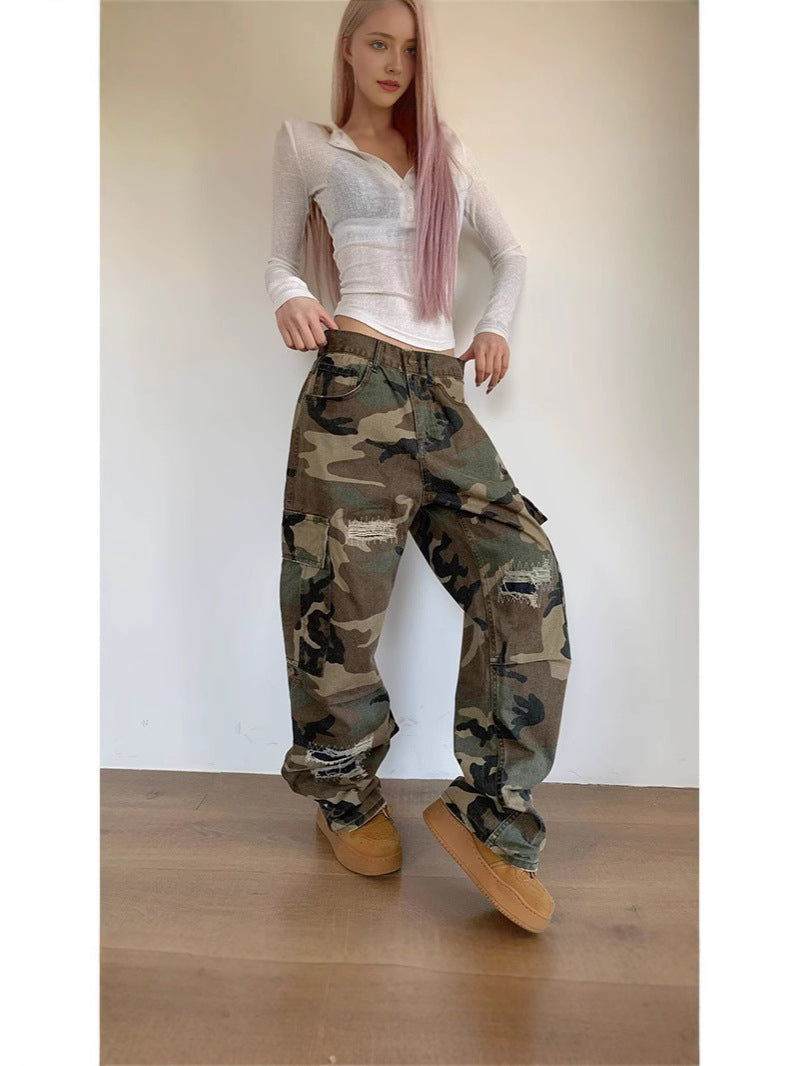 Maeve Women's Cargo Trousers - Camouflage Distressed Straight-Leg