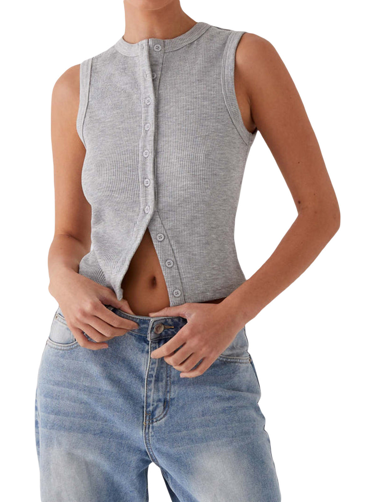 Women's Button Vest Top  Fitted, V Hem, Sleeveless, Going Out Top