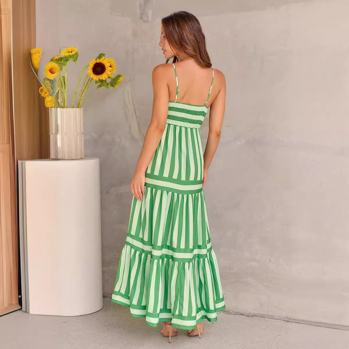 Women's Maxi Dress Backless, Tiered, Striped, Summer Sundress