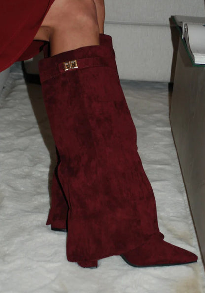 Maeve Women's Fold-Over Wedge Boots - Suede Shark-Lock, Pointed