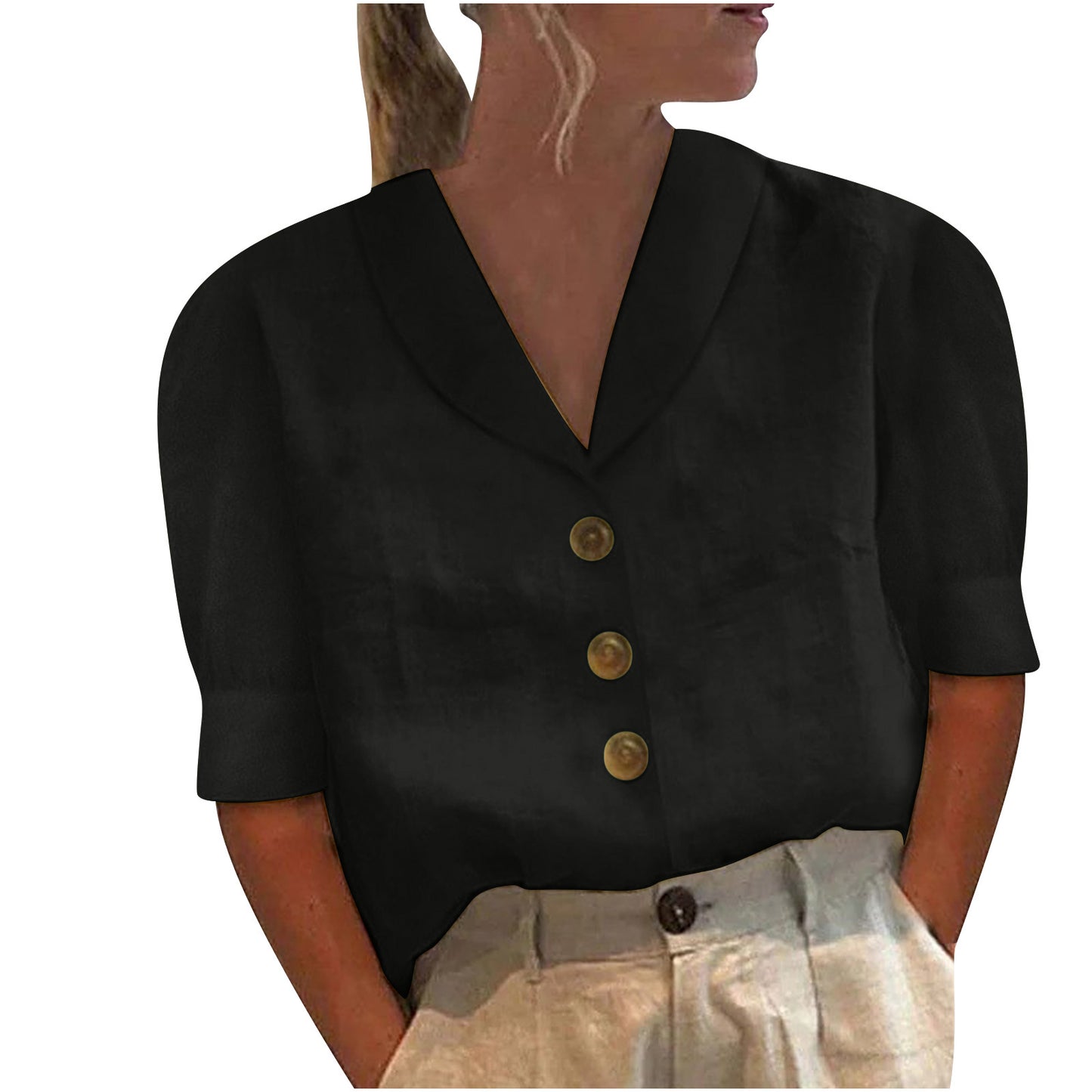 Women's Linen Blouse Cotton Linen, Lapel Collar, Button Front, Short Sleeve