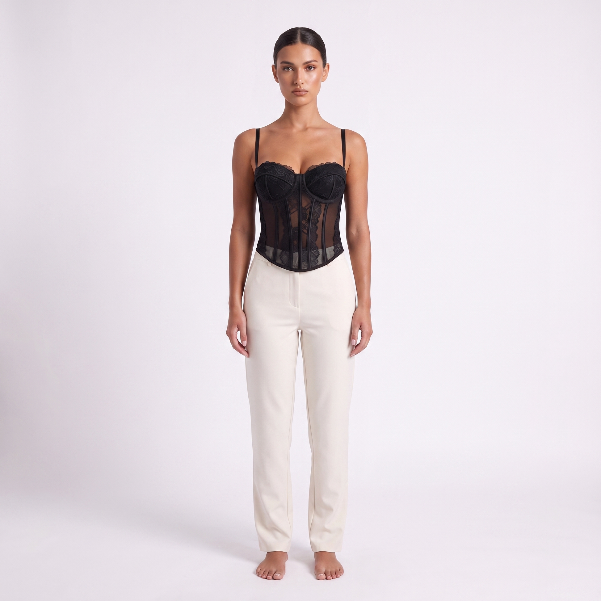Womens lace corset top in black, full-length front studio view