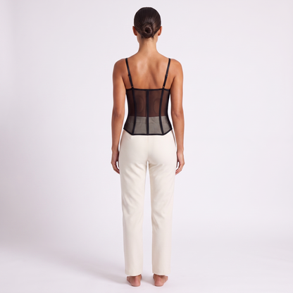 Womens lace corset top in black, back view showing sheer mesh and boning