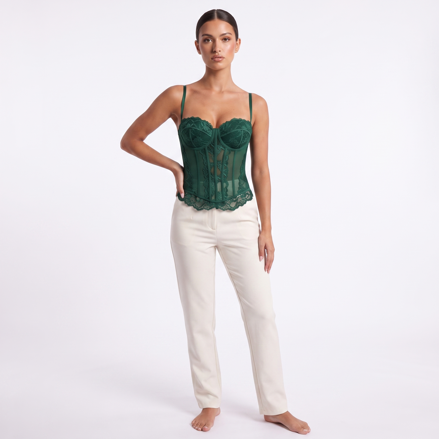 Womens lace corset top in dark green, front studio view