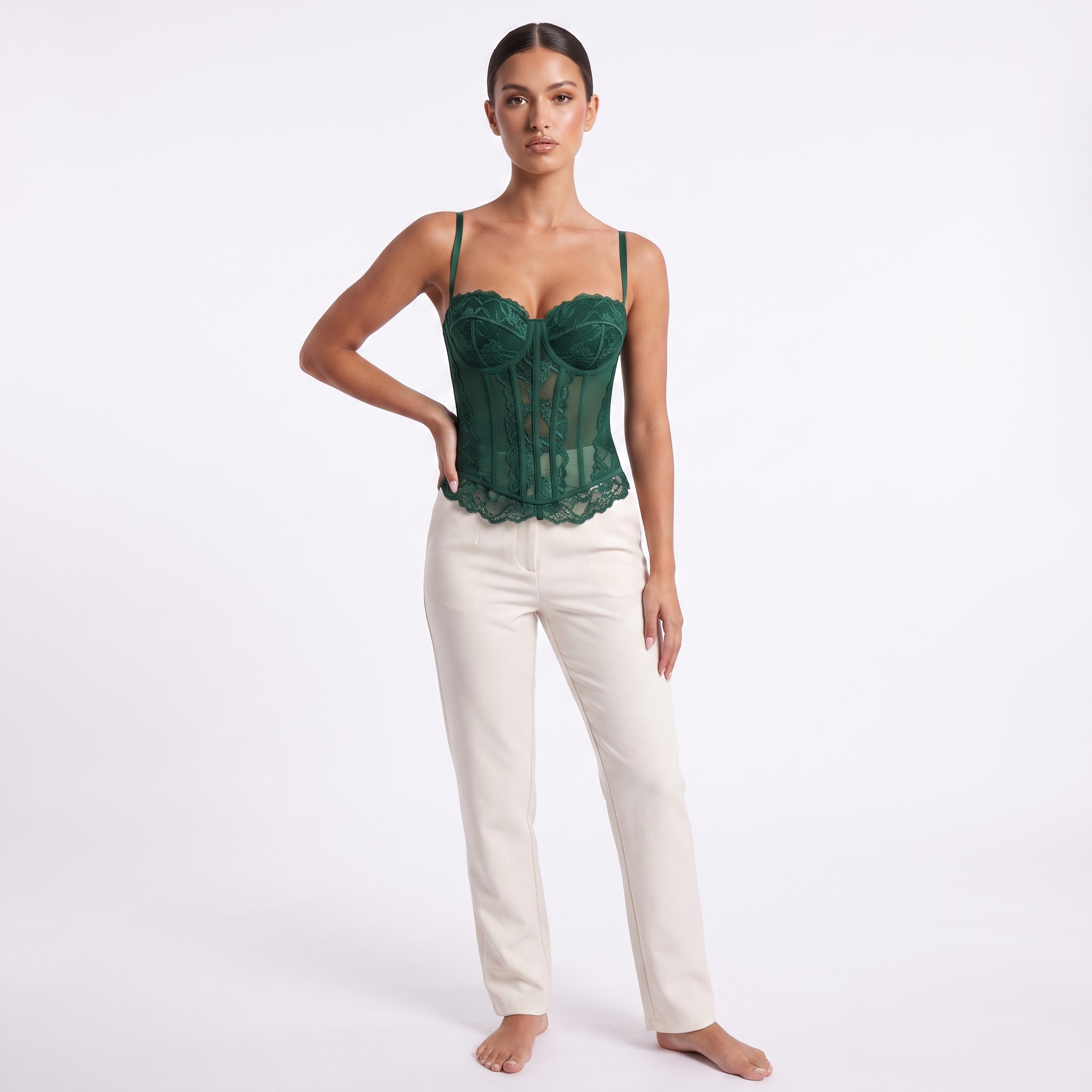 Womens lace corset top in dark green, front studio view