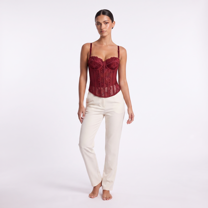 Womens lace corset top in burgundy, front studio view