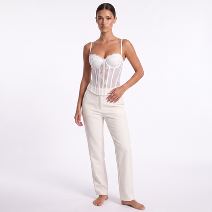 Womens lace corset top in white, front studio view