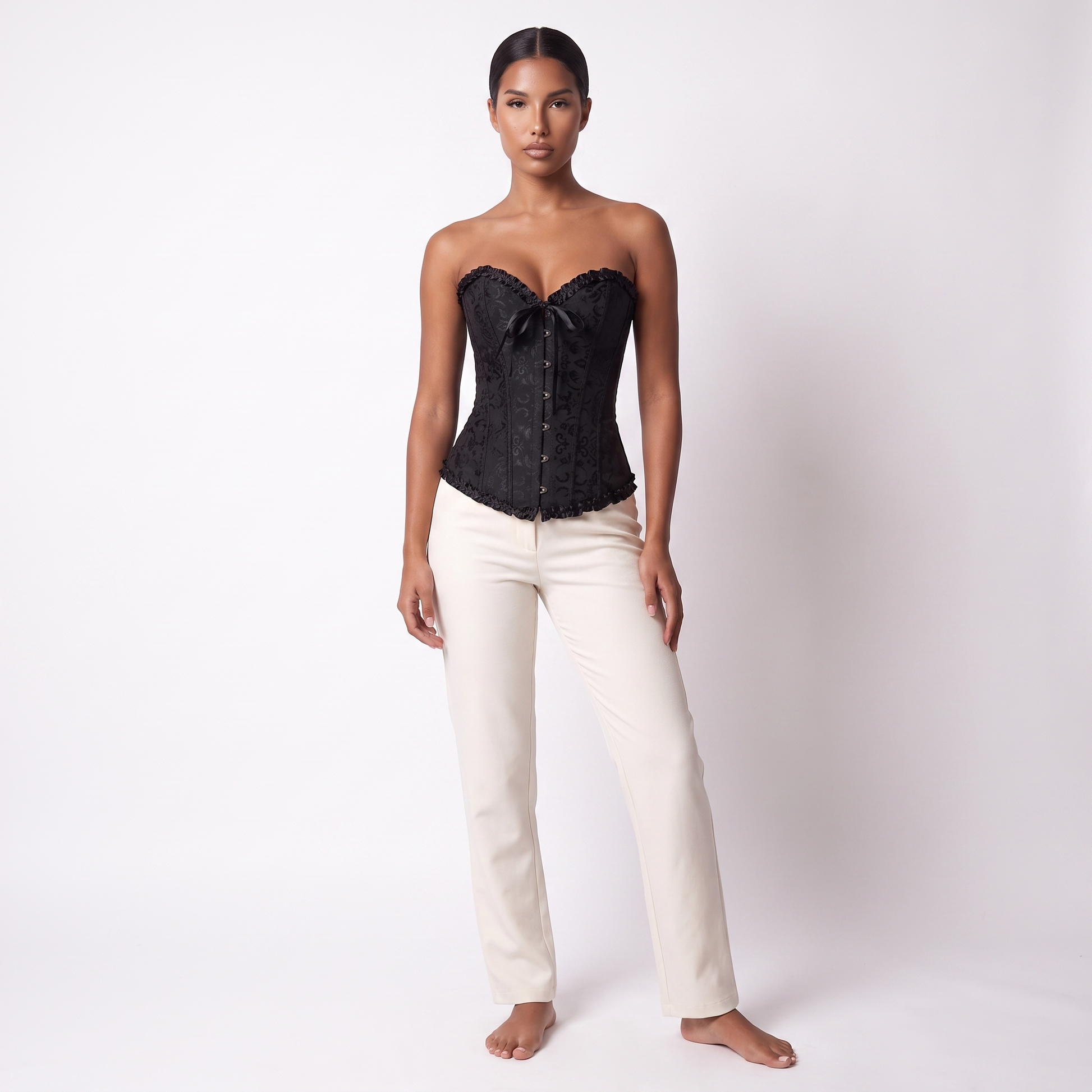 Adjustable Lace-up Corset Top in black jacquard, full length front view