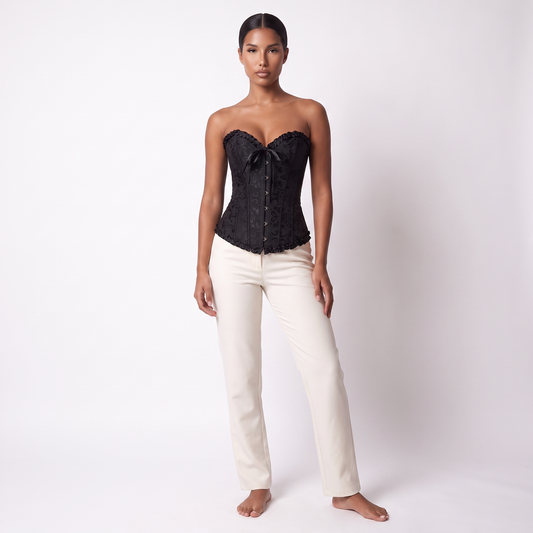 Adjustable Lace-up Corset Top in black jacquard, full length front view