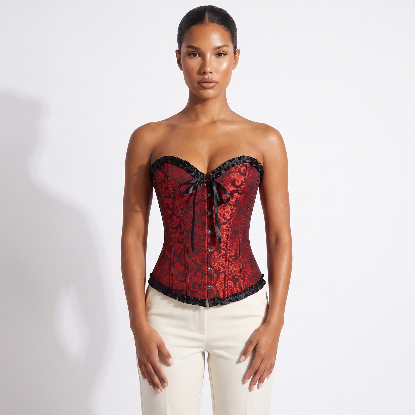 Adjustable Lace-up Corset Top in wine red jacquard