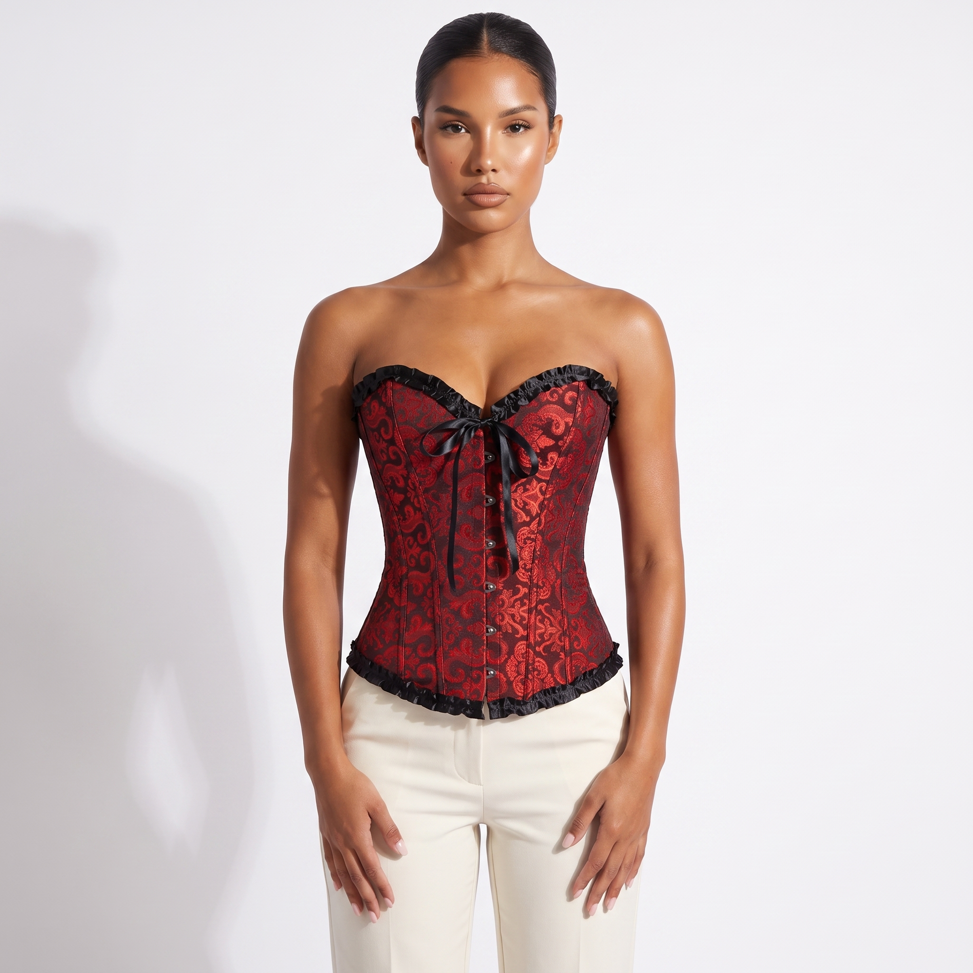 Adjustable Lace-up Corset Top in wine red jacquard