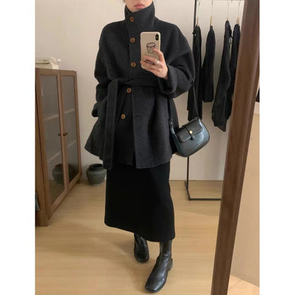 Maeve Women's Wool Coat - Single-Breasted High-Neck Relaxed-Fit