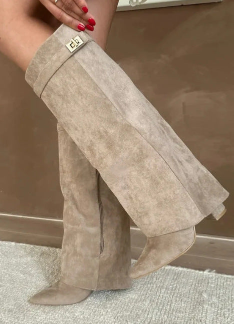 Maeve Women's Fold-Over Wedge Boots - Suede Shark-Lock, Pointed