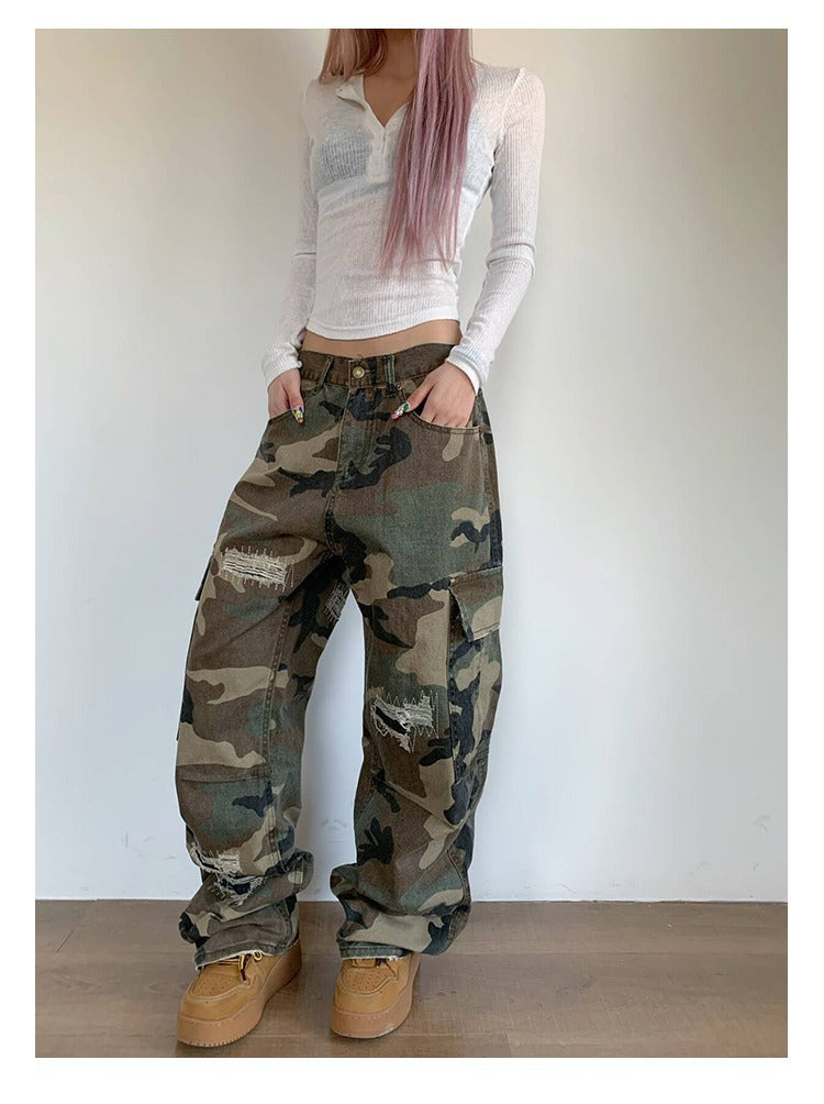 Maeve Women's Cargo Trousers - Camouflage Distressed Straight-Leg