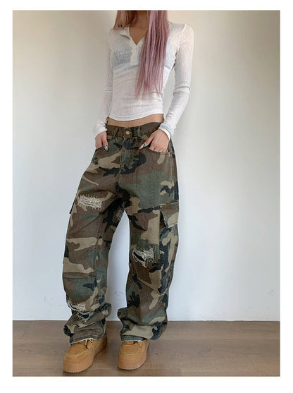 Maeve Women's Cargo Trousers - Camouflage Distressed Straight-Leg