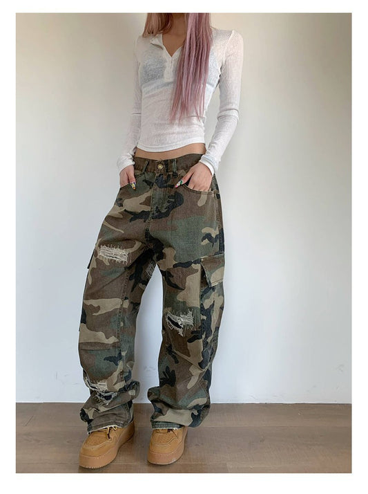 Maeve Women's Cargo Trousers - Camouflage Distressed Straight-Leg