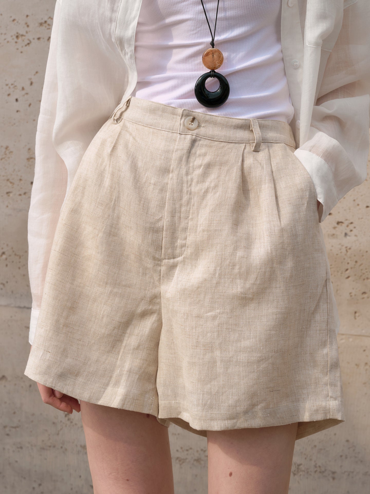 Women's Linen Shorts Pure Linen, High Waist, Wide Leg, Tailored