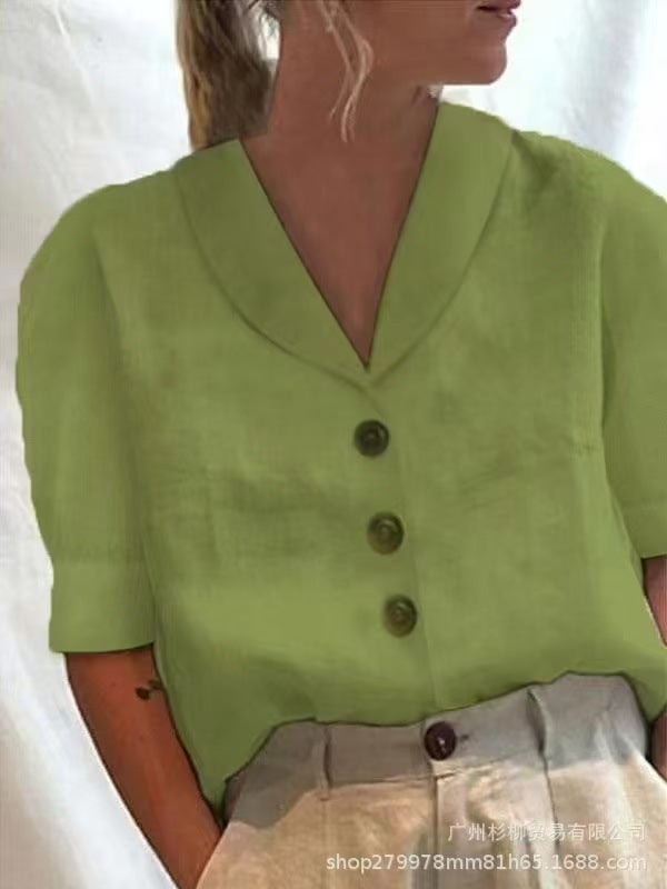 Women's Linen Blouse Cotton Linen, Lapel Collar, Button Front, Short Sleeve