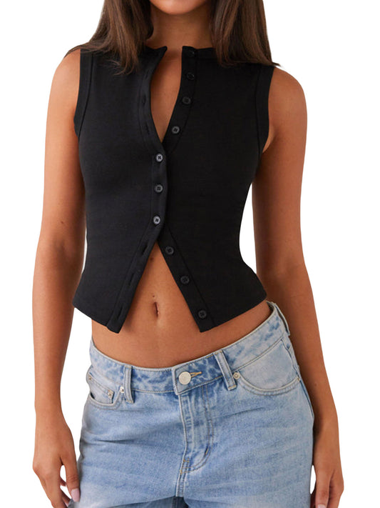 Women's Button Vest Top  Fitted, V Hem, Sleeveless, Going Out Top