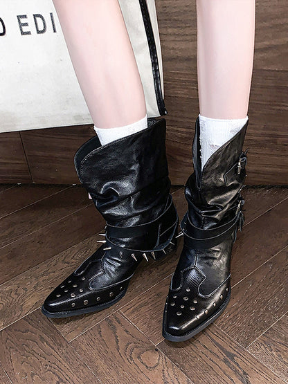Maeve Women's Studded Western Boots - Pointed Toe, Buckle, Black