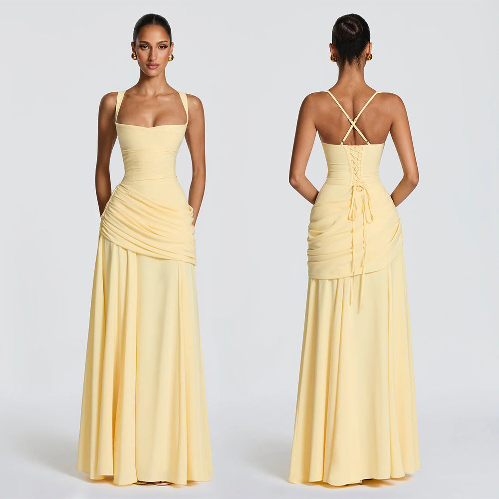 Women's Maxi Dress  Chiffon, Square Neck, Ruched Bodice, Lace-Up Back