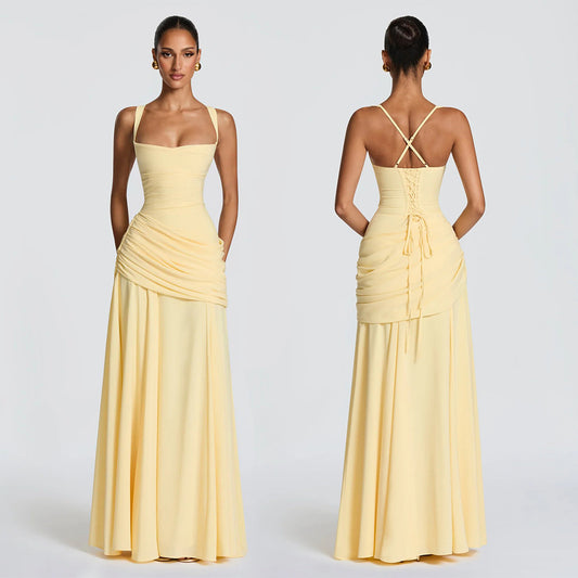 Women's Maxi Dress  Chiffon, Square Neck, Ruched Bodice, Lace-Up Back