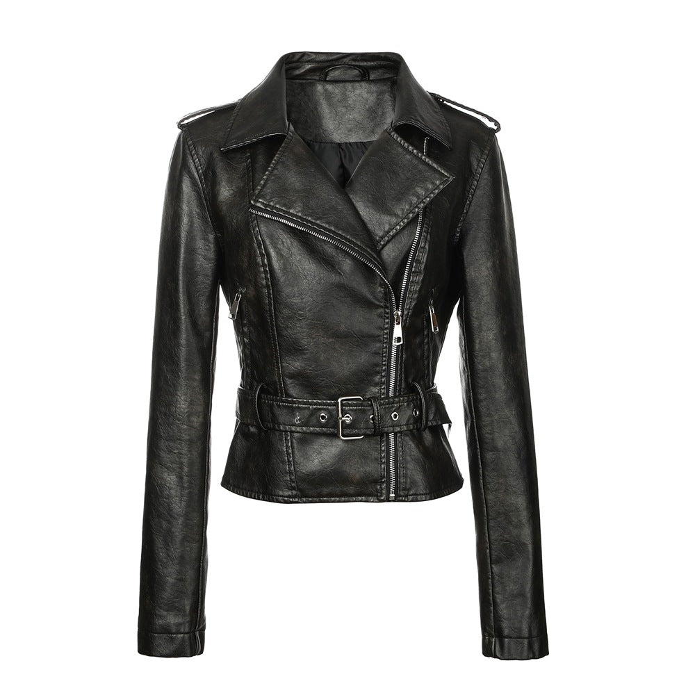 Maeve Women's Leather Jacket - Lapel Vintage Long-Sleeve, Black