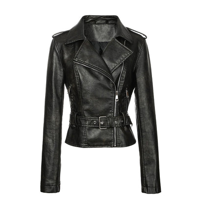 Maeve Women's Leather Jacket - Lapel Vintage Long-Sleeve, Black